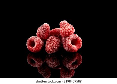 Frozen Raspberries On Dark Background. Clever Storage Food. Selective Focus, Copy Space.