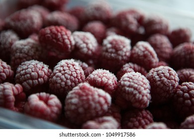 The frozen raspberry in a plastic box