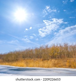 Frozen River At The Cold Sunny Day, Winter Outdoor Scene