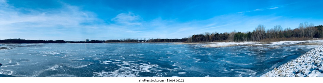 Frozen River Panorama Scenic Landscape. Grand River, ON Canada.