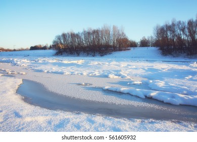Frozen up river in winter