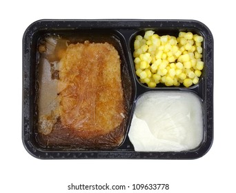 A Frozen Salisbury Steak Corn And Potato Meal.