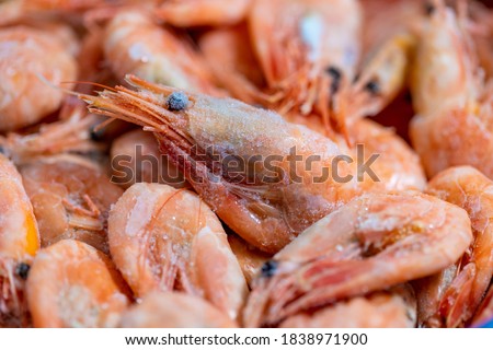 Frozen shrimps close-up. Dry freeze food with a minimum amount of water. Seafood delicacies. Selective focus