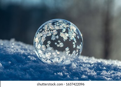 Frozen soap bubble with a beautiful pattern on the snow close up on a blurry background - Powered by Shutterstock