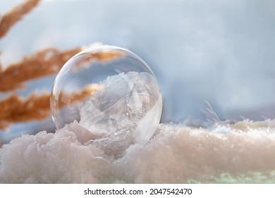 Frozen soap bubble with a beautiful pattern on the snow close-up on a blurry background