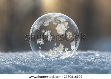 Frozen soap bubble with patterns on snow