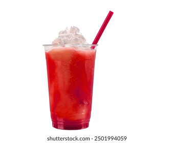 Frozen Strawberry Daiquiri or slush drink in a clear plastic cup with whipped cream and a red straw with copy space. - Powered by Shutterstock