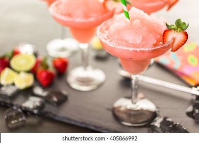 Frozen Strawberry Margarita Cocktail In Margarita Glass.