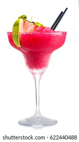 Frozen strawberry margarita cocktail in margarita glass isolated on white