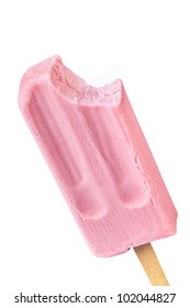 Frozen Strawberry Yogurt On A Stick With Missing Bite, Isolated On White.