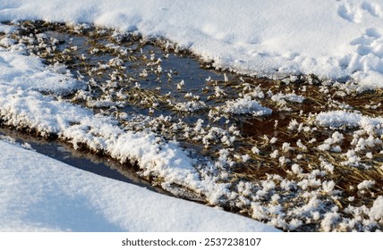 A frozen stream with snow covering it. The water is still and calm, with a few small ice formations on the surface. The snow is piled up around the edges of the stream - Powered by Shutterstock