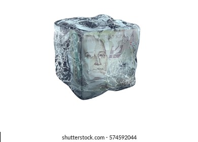 Frozen Ukrenian UAH Money In Ice Cube, Isolate On A White Background