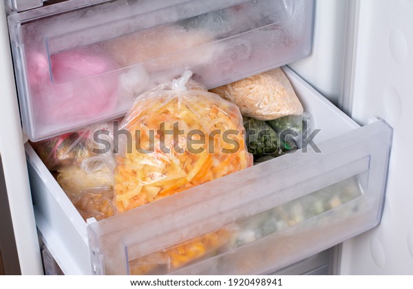 Frozen vegetables in a bag in the freezer. Frozen\
bell peppers, frozen\
food
