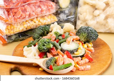 Frozen vegetables in bags, cold healthy diet food,  natural.