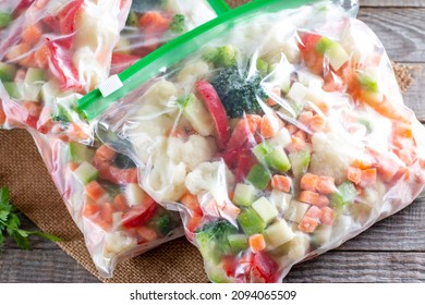 Frozen Vegetables In Bags, Cold Healthy Diet Food, Freeze. Frozen Food