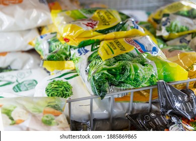 Frozen Vegetables In Bags In The Store. Close-up. Moscow, Russia, 01-01-2021.