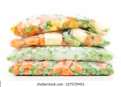 Frozen Vegetables In A Plastic Bag. Healthy Food Storage Concept.