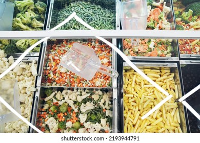 Frozen Vegetables In The Supermarket Refrigerator. Healthy Foods Containing Vitamins