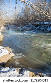 Frozen Waterfalls (Anderson Falls) And River In Winter On A Bright Sunny Day