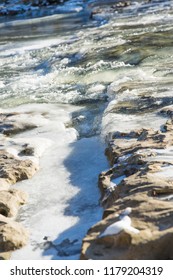 Frozen Waterfalls (Anderson Falls) And River In Winter On A Bright Sunny Day