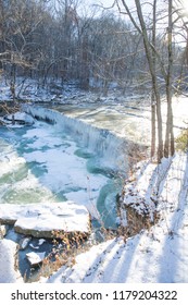 Frozen Waterfalls (Anderson Falls) And River In Winter On A Bright Sunny Day