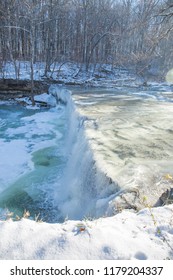 Frozen Waterfalls (Anderson Falls) And River In Winter On A Bright Sunny Day