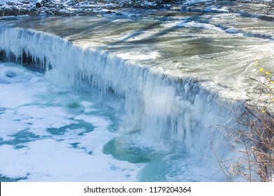 Frozen Waterfalls (Anderson Falls) And River In Winter On A Bright Sunny Day