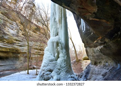 Frozen Waterfalls In Starved Rock State Park. Great Ice Climbing. Mythical Setting.