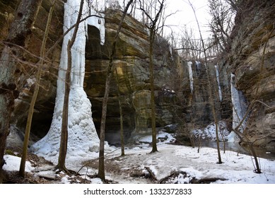 Frozen Waterfalls In Starved Rock State Park. Great Ice Climbing. Mythical Setting.