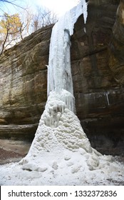 Frozen Waterfalls In Starved Rock State Park. Great Ice Climbing. Mythical Setting.