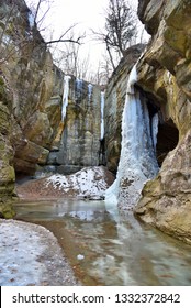 Frozen Waterfalls In Starved Rock State Park. Great Ice Climbing. Mythical Setting.