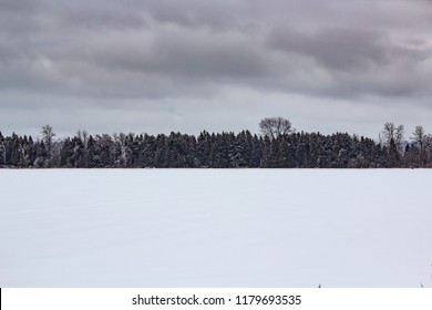 A Frozen Winter Scene In Northern Ontario. A Treeline Runs Down The Horizon Of A Frozen Field Covered In Snow.