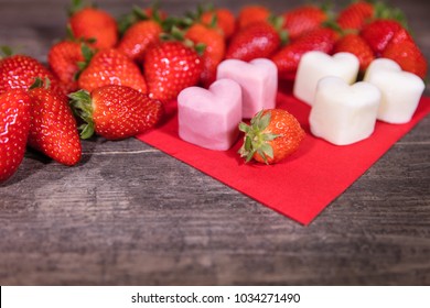 Frozen Yogurt In A Heart Shape, Strawberries And Froyo Bites On Wooden Table