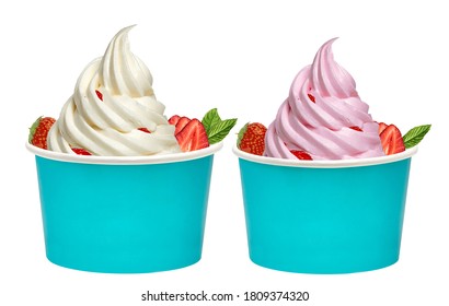 Frozen Yogurt Or Soft Vanilla Ice Cream With Strawberries In Blank 
Disposable Paper Or Carton Cup Mockup Or Mock Up Template Isolated On Checkered Background