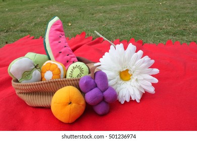 Fruit basket plush with flower on a picnic park