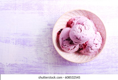 Fruit And Berry Ice Cream Scoops In A Bowl, Overhead View