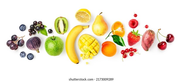 Fruit and berry mix banner. Grape, blueberry, fig, kiwi, apple, lemon, mango, banana, apricot, tangerine, strawberry, pear, strawberry and cherry isolated on white background. Flat lay, top view 
