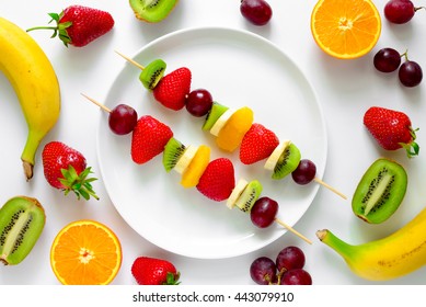 Fruit And Berry Skewers Concept, Simple Healthy Raw Meal And Ingredients, Good For Kids Party, Top View