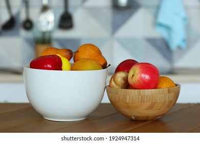 Fruit In Bowl Still Life On The Table Close Up Photo On Blue Kitchen Background