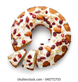 Fruit cake isolated on white background, top view