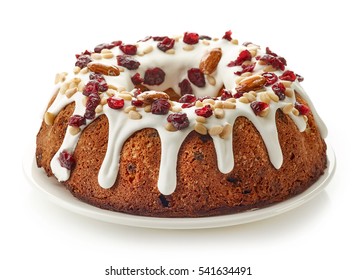 Fruit Cake On White Plate Isolated On White Background