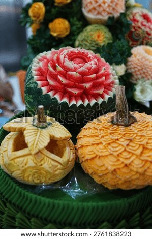 Fruit carving decorations featuring pumpkins, cantaloupes, and melons; beautiful and delicate professional craftsmanship in Thai style.