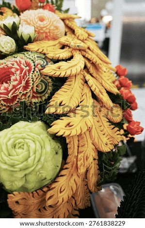 Fruit carving decorations featuring pumpkins, cantaloupes, and melons; beautiful and delicate professional craftsmanship in Thai style.