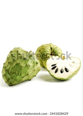 Fruit, cherimoya (Annona cherimola), also spelled chirimoya or chirimuya is a green, tropical, cone-shaped fruit with leathery skin and creamy, sweet flesh. It is also known as the custard apple.