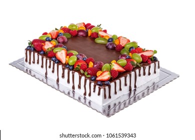 Fruit Chocolate Square Birthday Cake. On A White Background