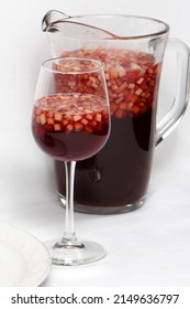 Fruit Clericot, mineral water, lemon soda, grapefruit juice, ice, sugar and a bottle of red wine, is a refreshing alcoholic drink for hot days in Latin America served in a glass pitcher and glass
