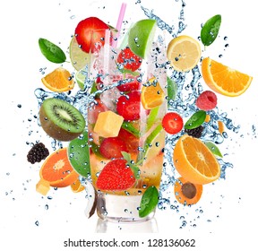 Fruit Cocktail With Splashing Liquid Isolated On White