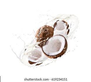 Fruit, Coconut In Milk Splash, Isolated On White Background