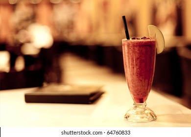 Fruit Coctail And Menu In Night Cafe