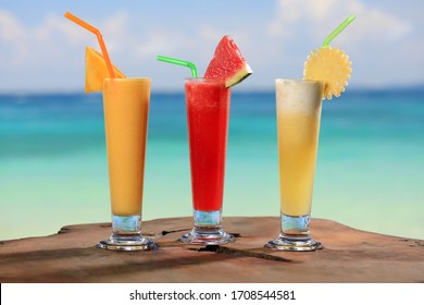Fruit Coctail On The Sea Background